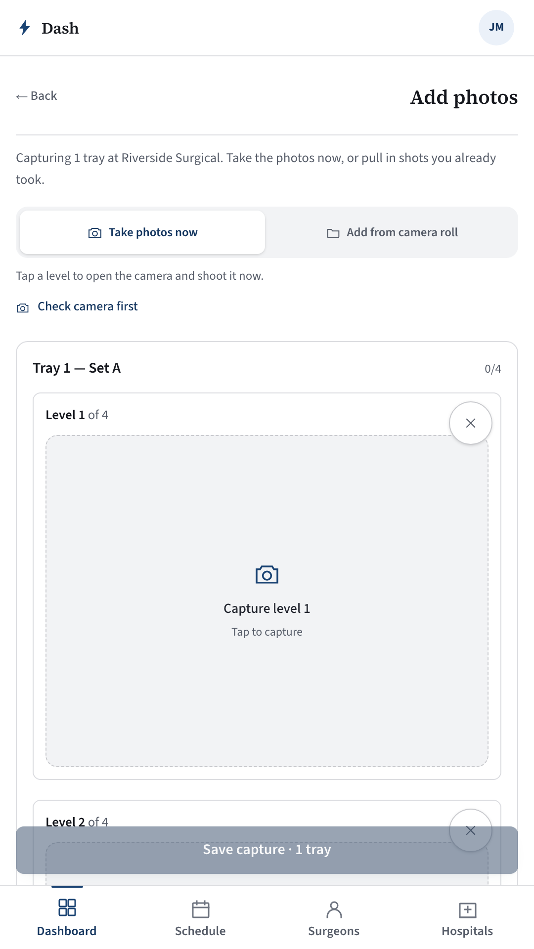 Dash capture screen — adding photos of a tray, level by level