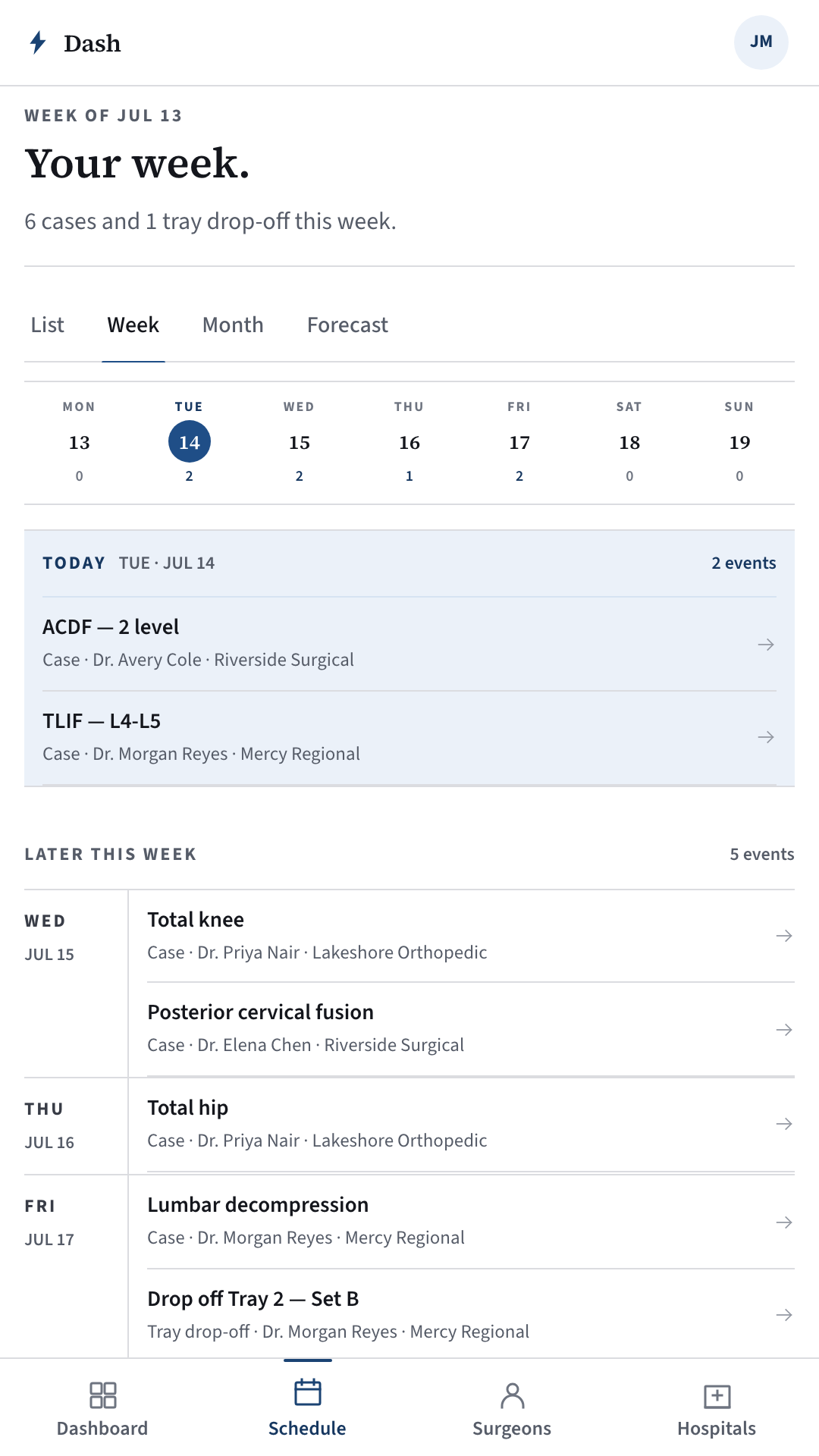 Schedule — The week's cases and drop-offs, day by day.